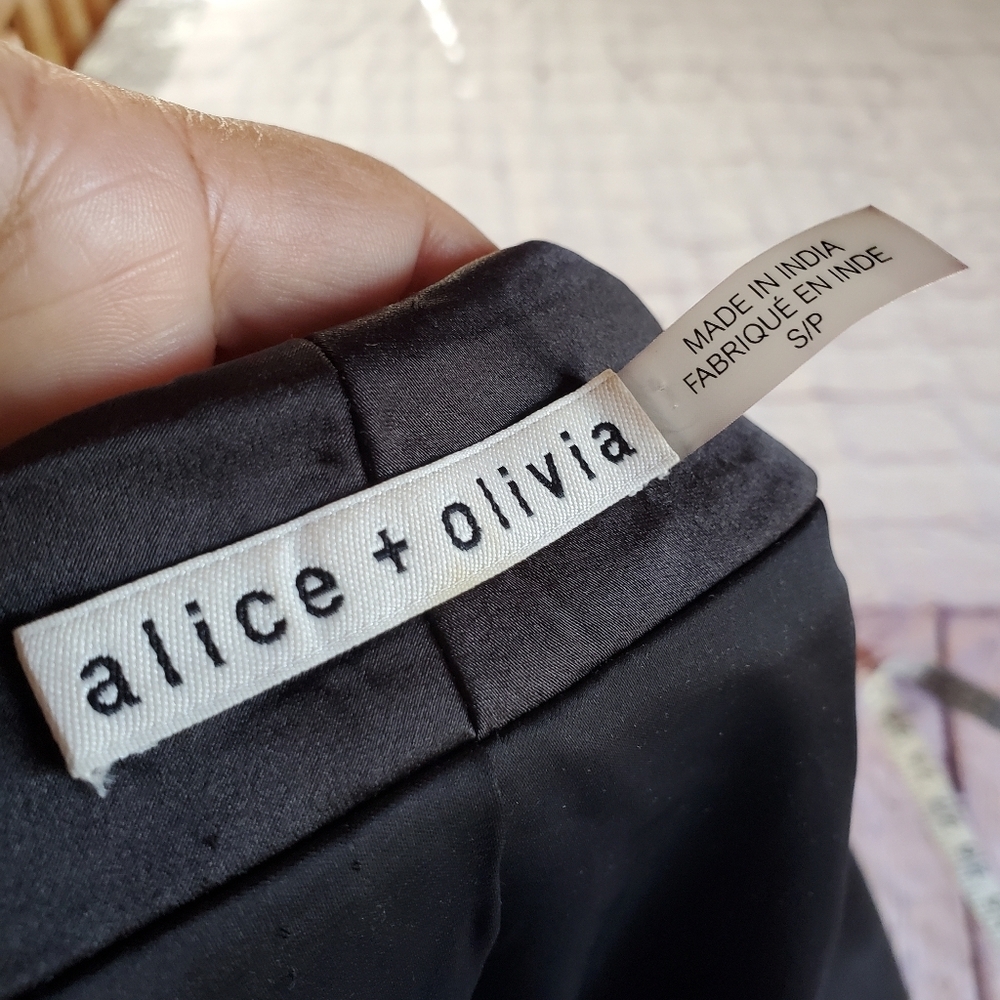 Alice + Olivia Black Warren Sequined Open Blazer Jacket Black Satin Collar Open - Picture 8 of 15